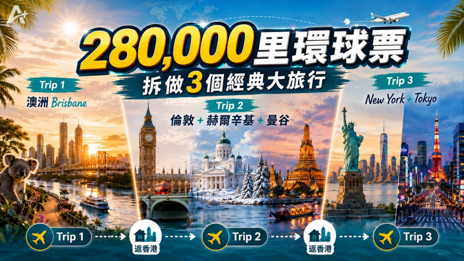 280,000 里 Zone 13 環球票拆成澳洲、歐洲、美國與日本三次旅程的規劃示意